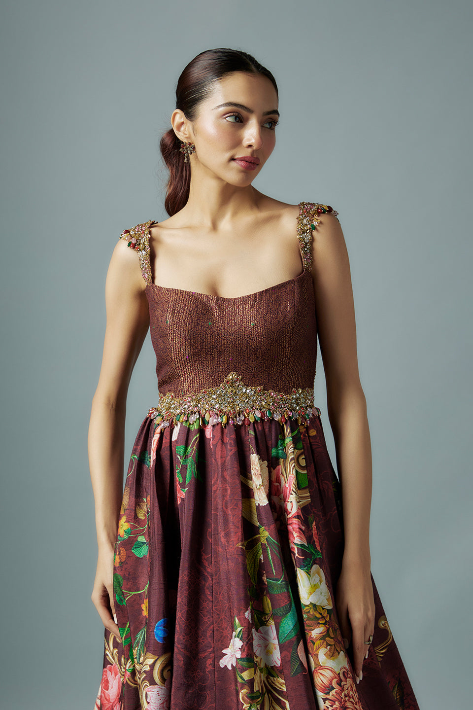 Maroon raw silk and botanical printed gown