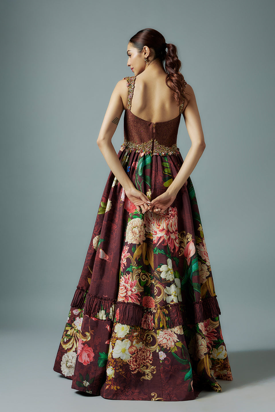 Maroon raw silk and botanical printed gown