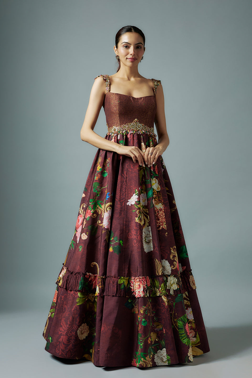 Maroon raw silk and botanical printed gown