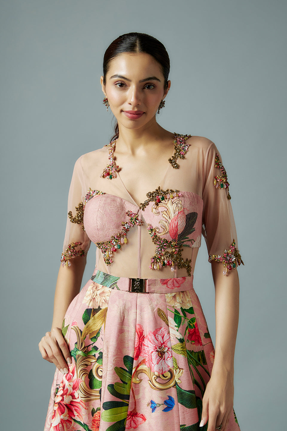 Pink raw silk and net botanical printed gown
