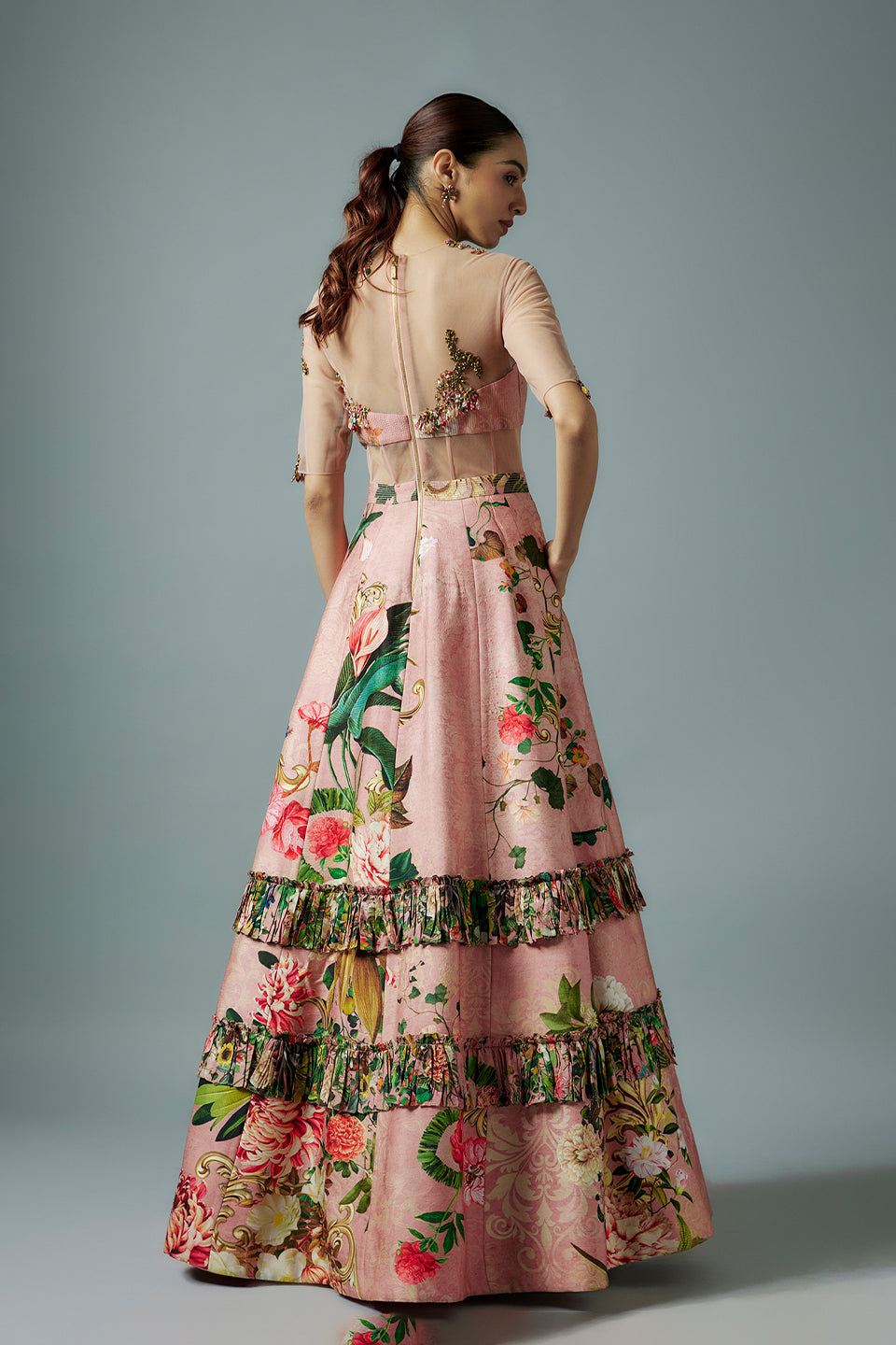 Pink raw silk and net botanical printed gown