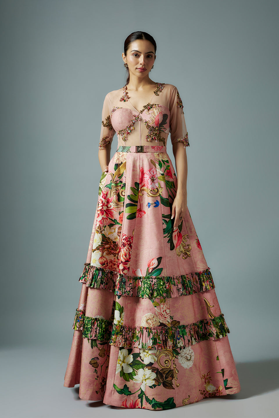 Pink raw silk and net botanical printed gown