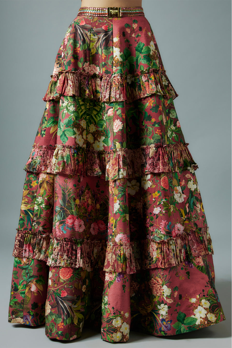 maroon raw silk botanical printed lehenga set