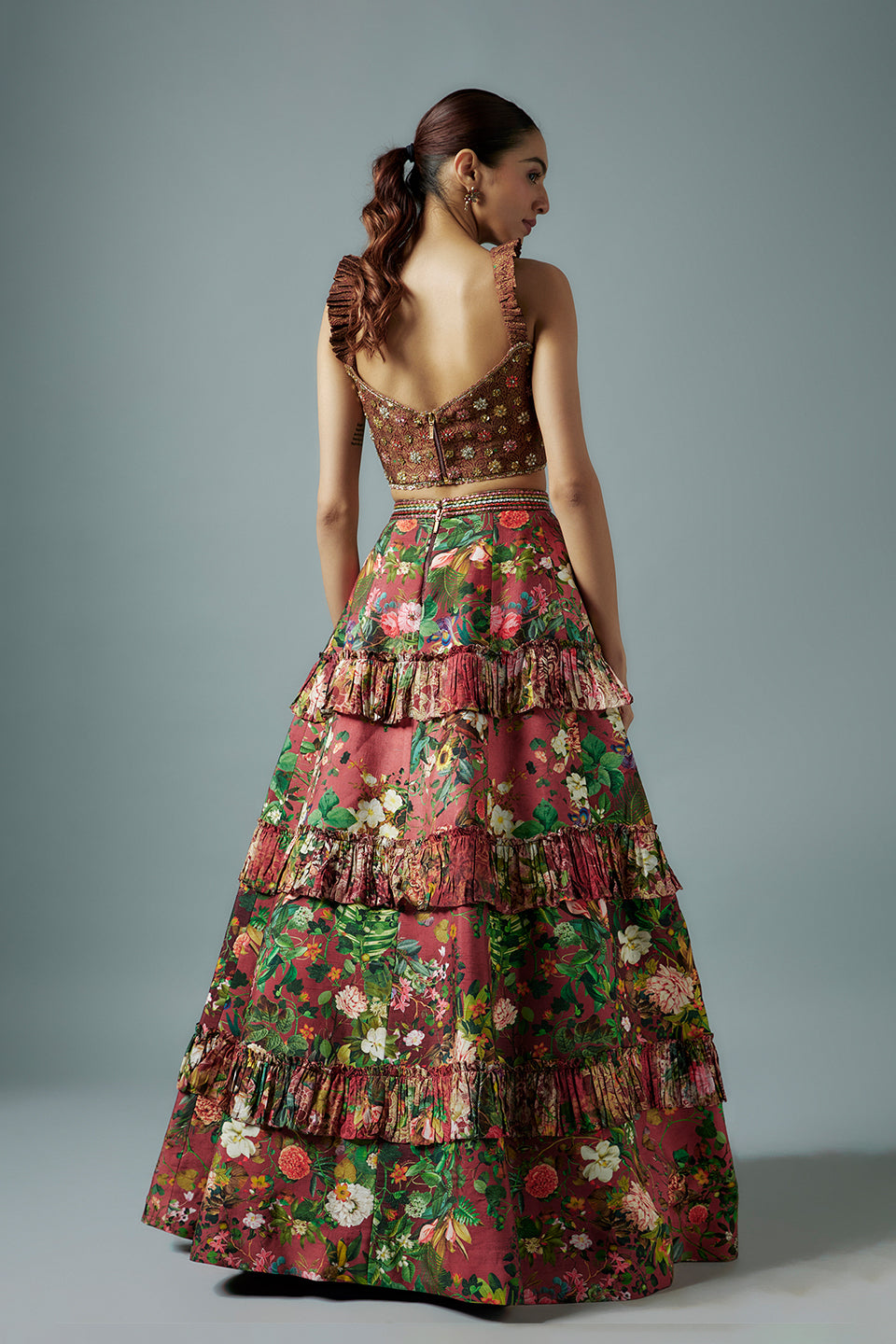 maroon raw silk botanical printed lehenga set