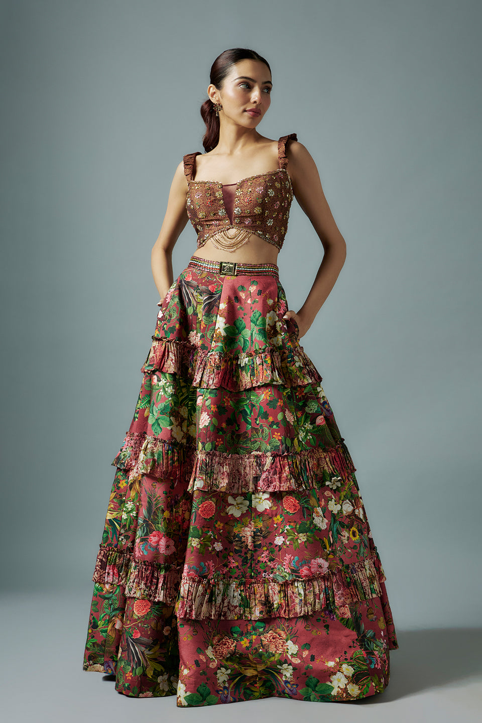 maroon raw silk botanical printed lehenga set