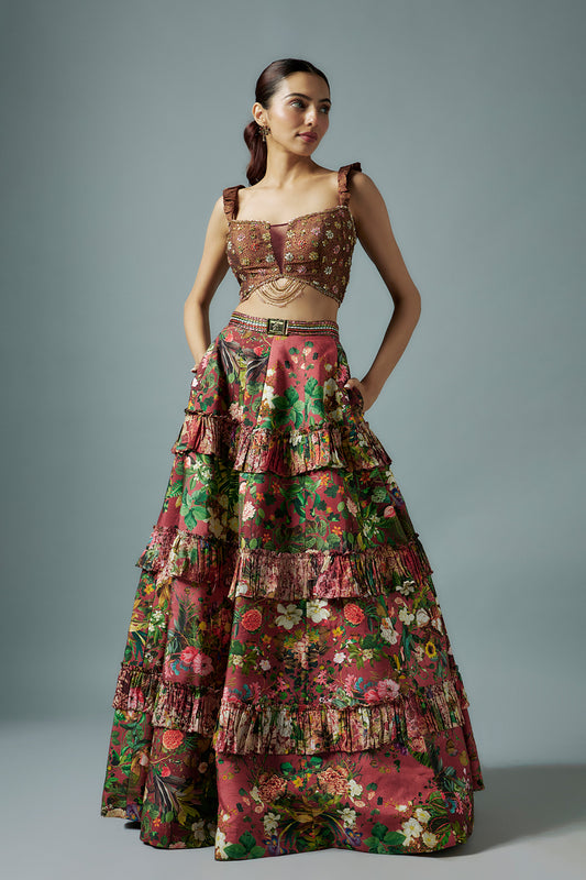 maroon raw silk botanical printed lehenga set