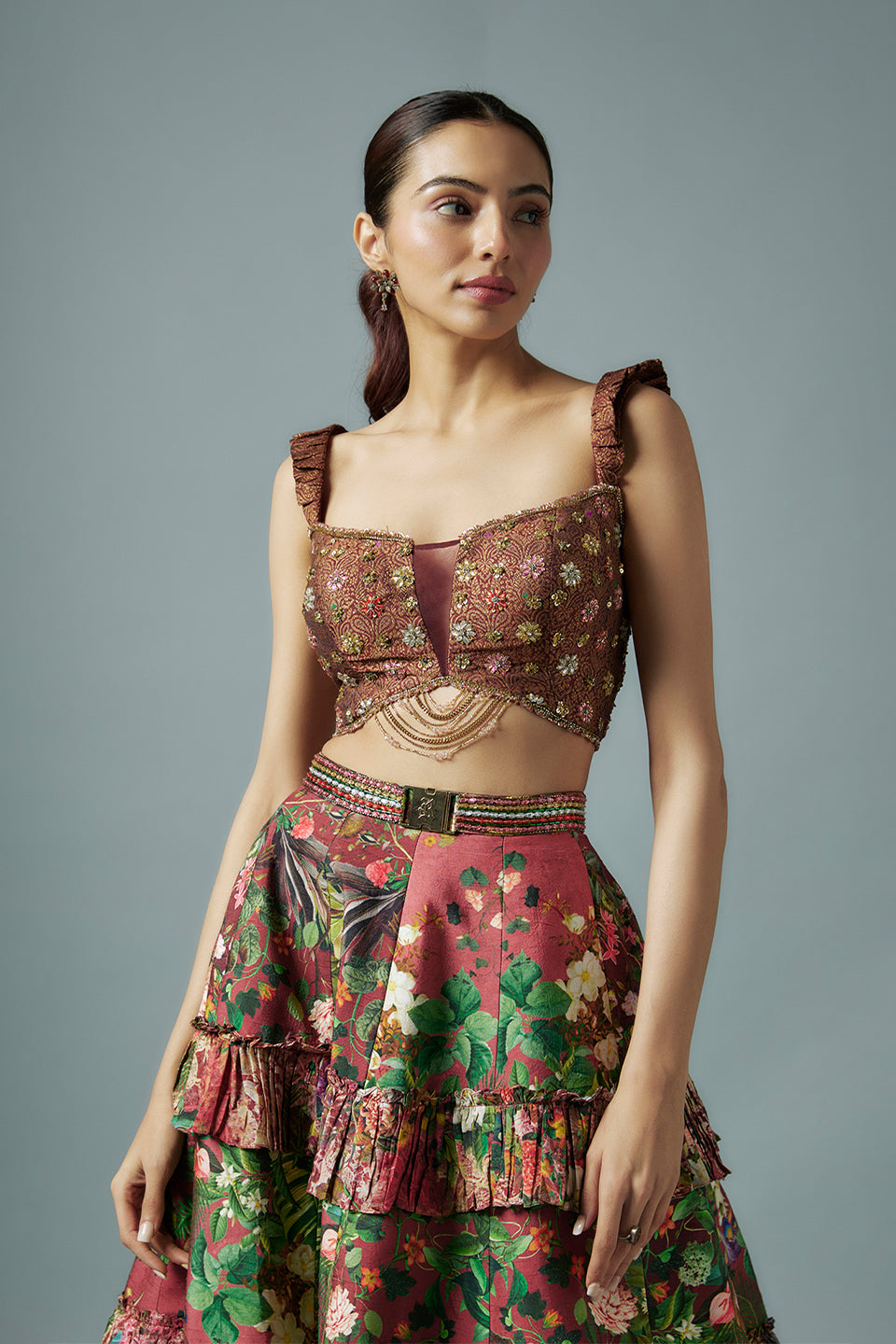 maroon raw silk botanical printed lehenga set