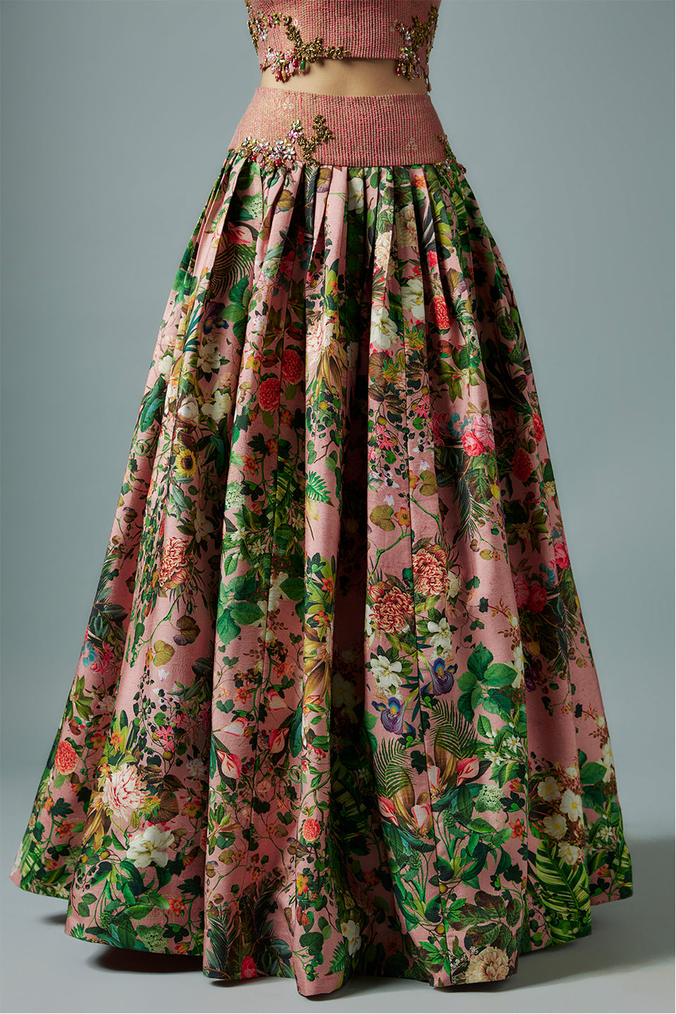 pink raw silk botanical printed lehenga set