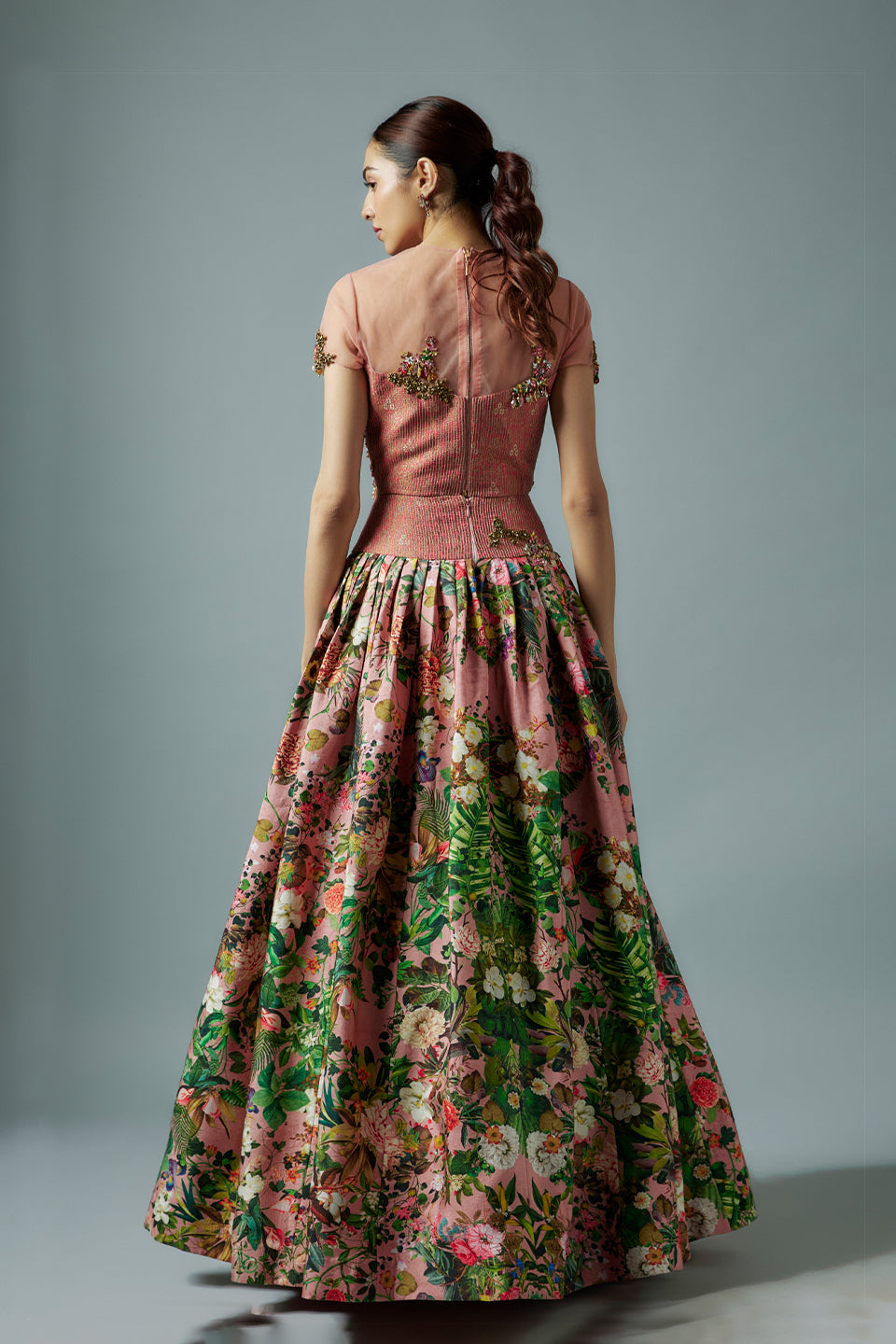 pink raw silk botanical printed lehenga set