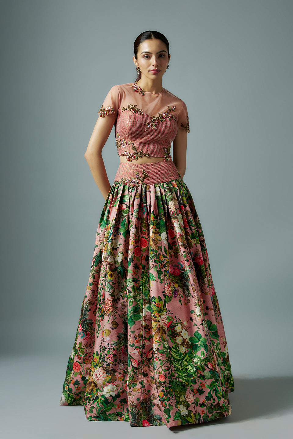 pink raw silk botanical printed lehenga set