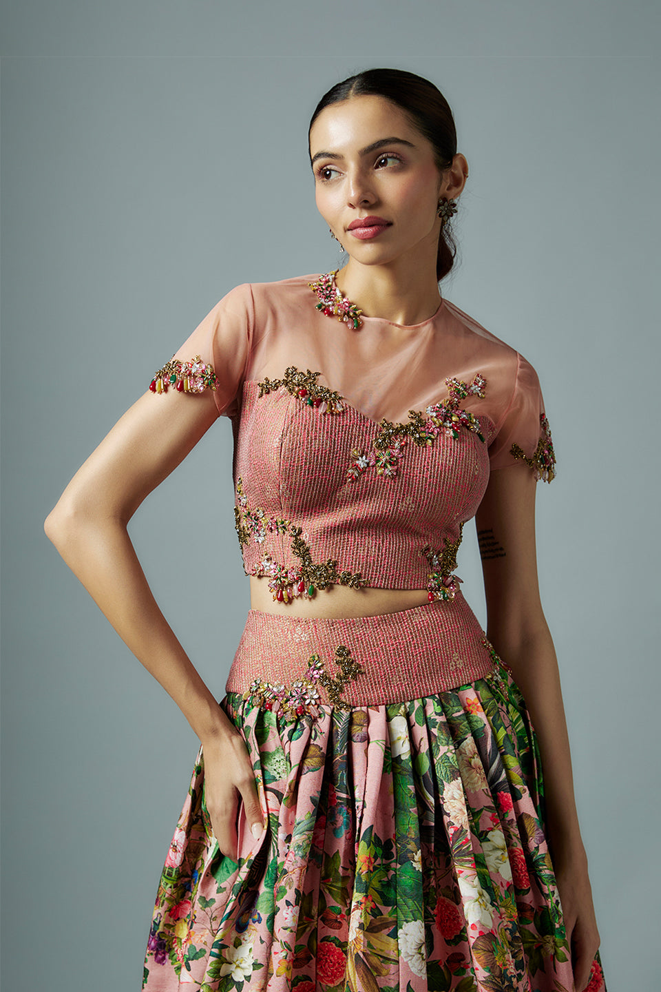pink raw silk botanical printed lehenga set