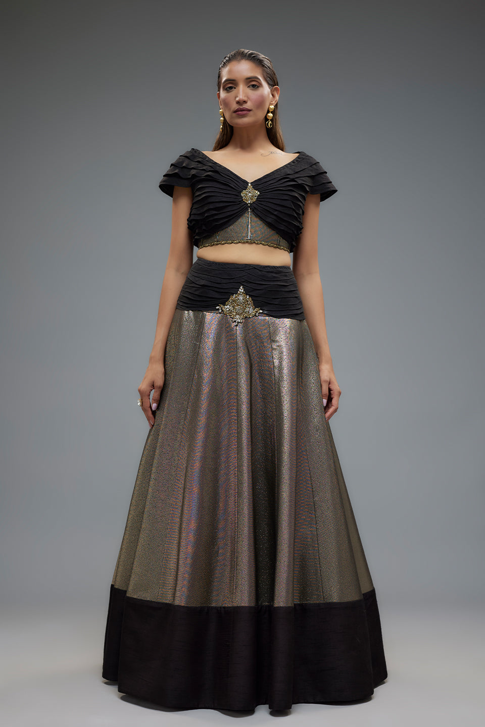 Black and Gold Raw Silk Patch Work Lehenga Set