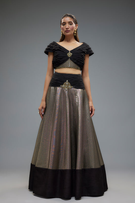 Black and Gold Raw Silk Patch Work Lehenga Set