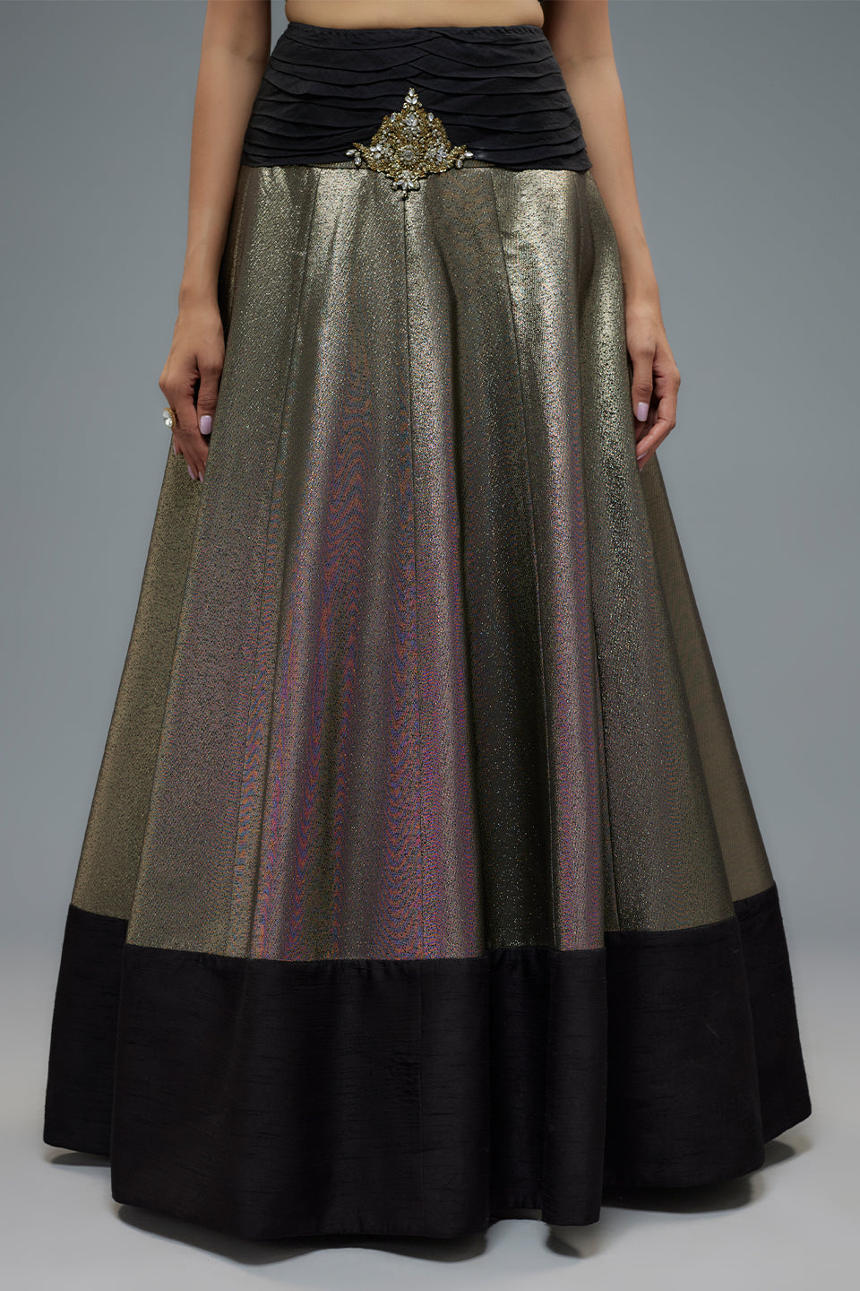 Black and Gold Raw Silk Patch Work Lehenga Set