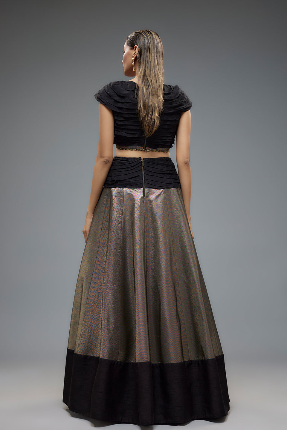 Black and Gold Raw Silk Patch Work Lehenga Set