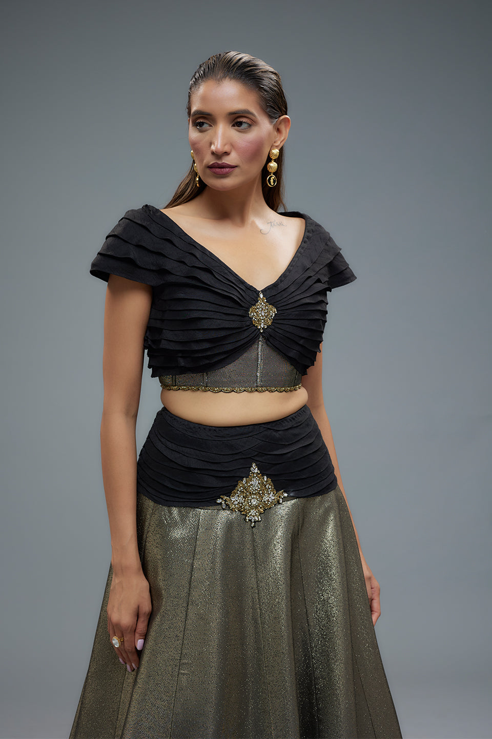 Black and Gold Raw Silk Patch Work Lehenga Set