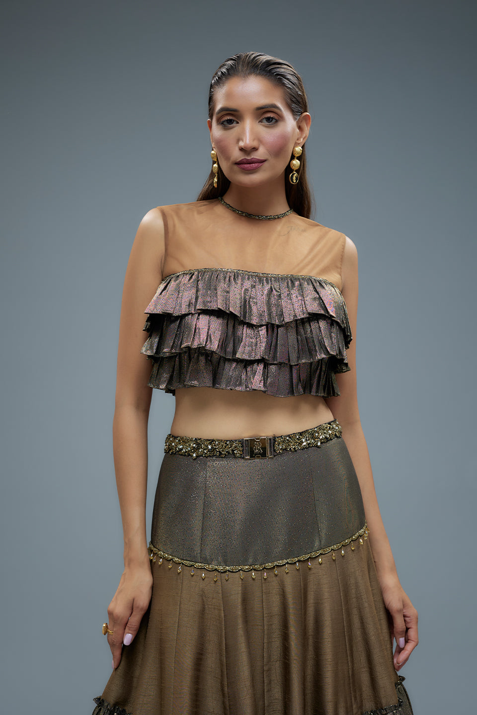 Olive Green Raw Silk Patchwork Lehenga Set