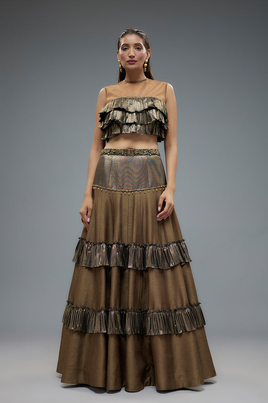 Olive Green Raw Silk Patchwork Lehenga Set