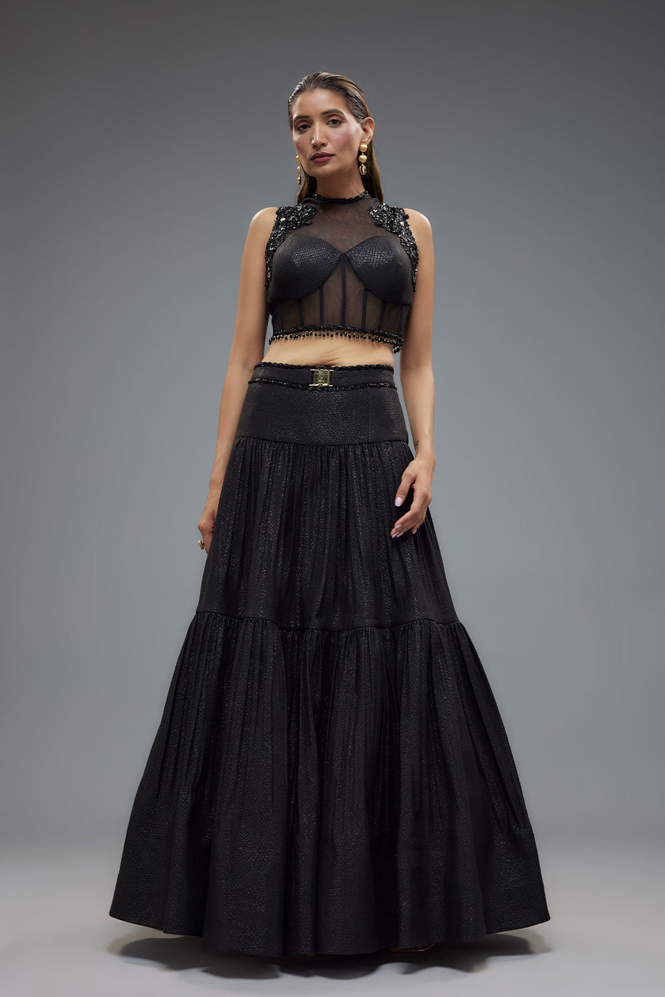 Black Patch work blouse and Lehenga set