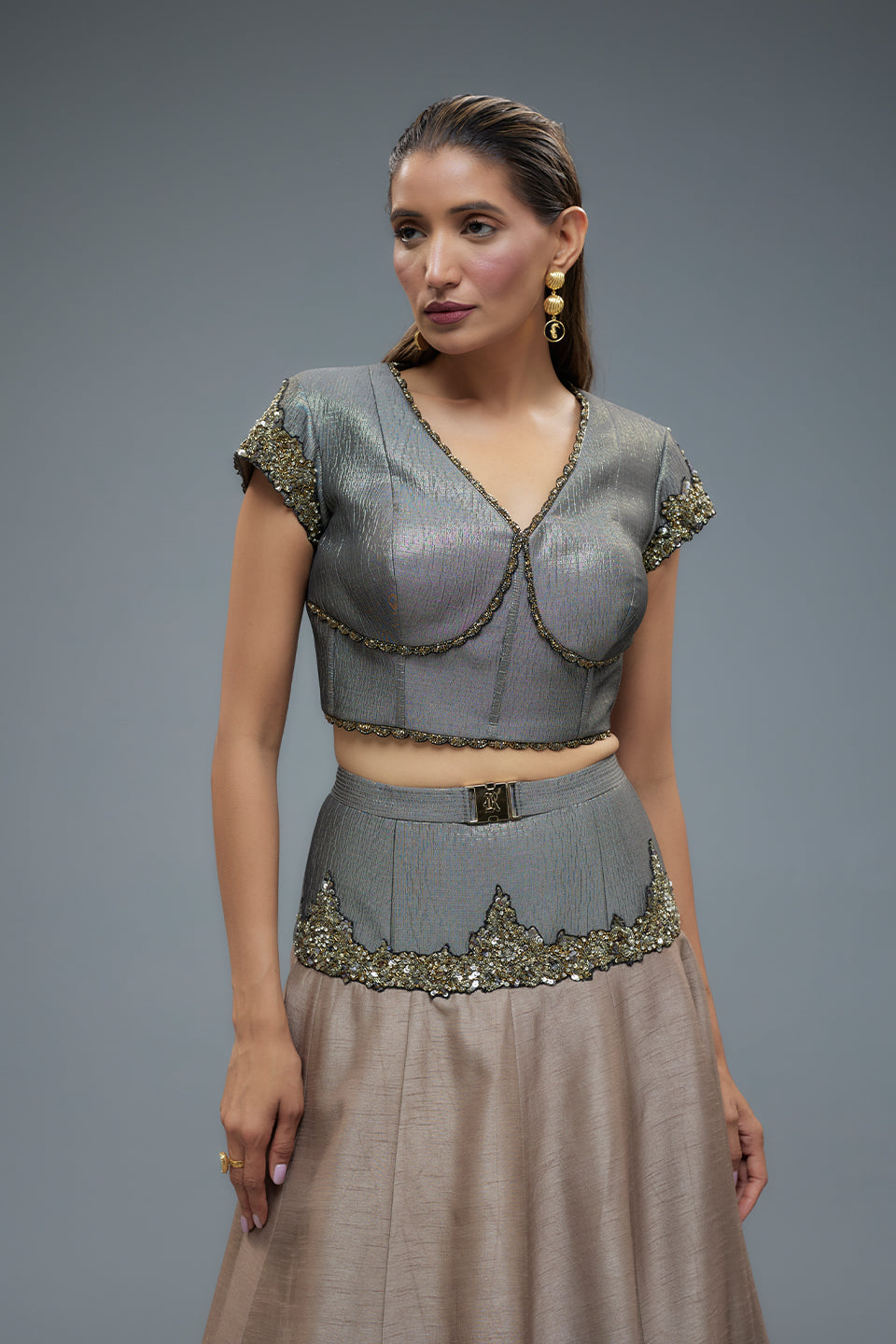 Grey and pink raw silk lehenga set