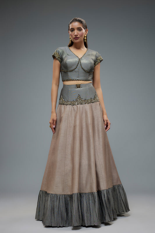 Grey and pink raw silk lehenga set