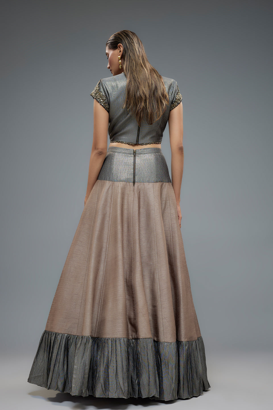Grey and pink raw silk lehenga set