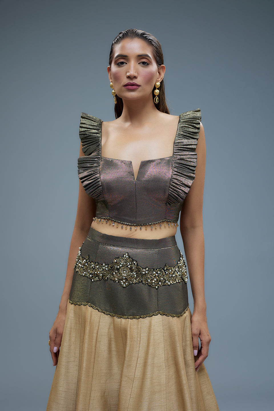 Mustard Yellowmand Poly Lurex Patchwork And Lehenga Set