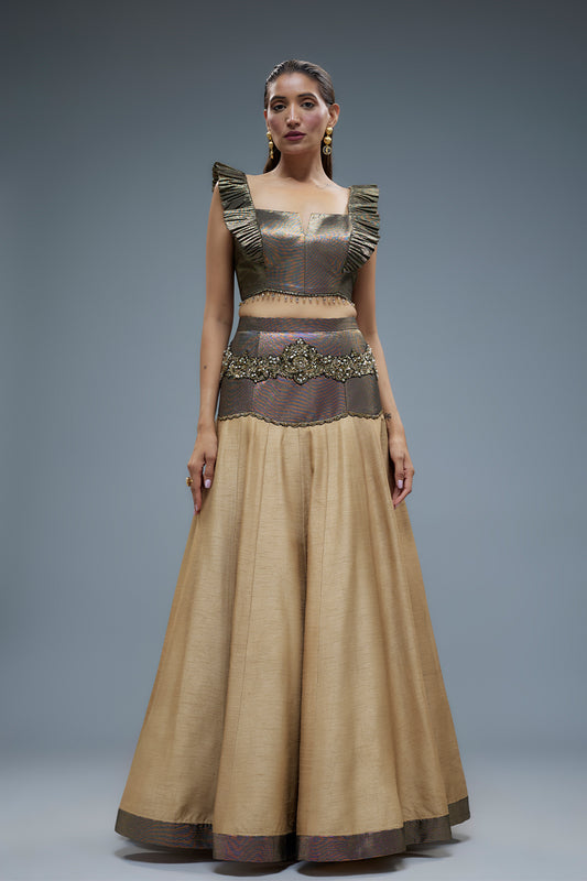 Mustard Yellowmand Poly Lurex Patchwork And Lehenga Set