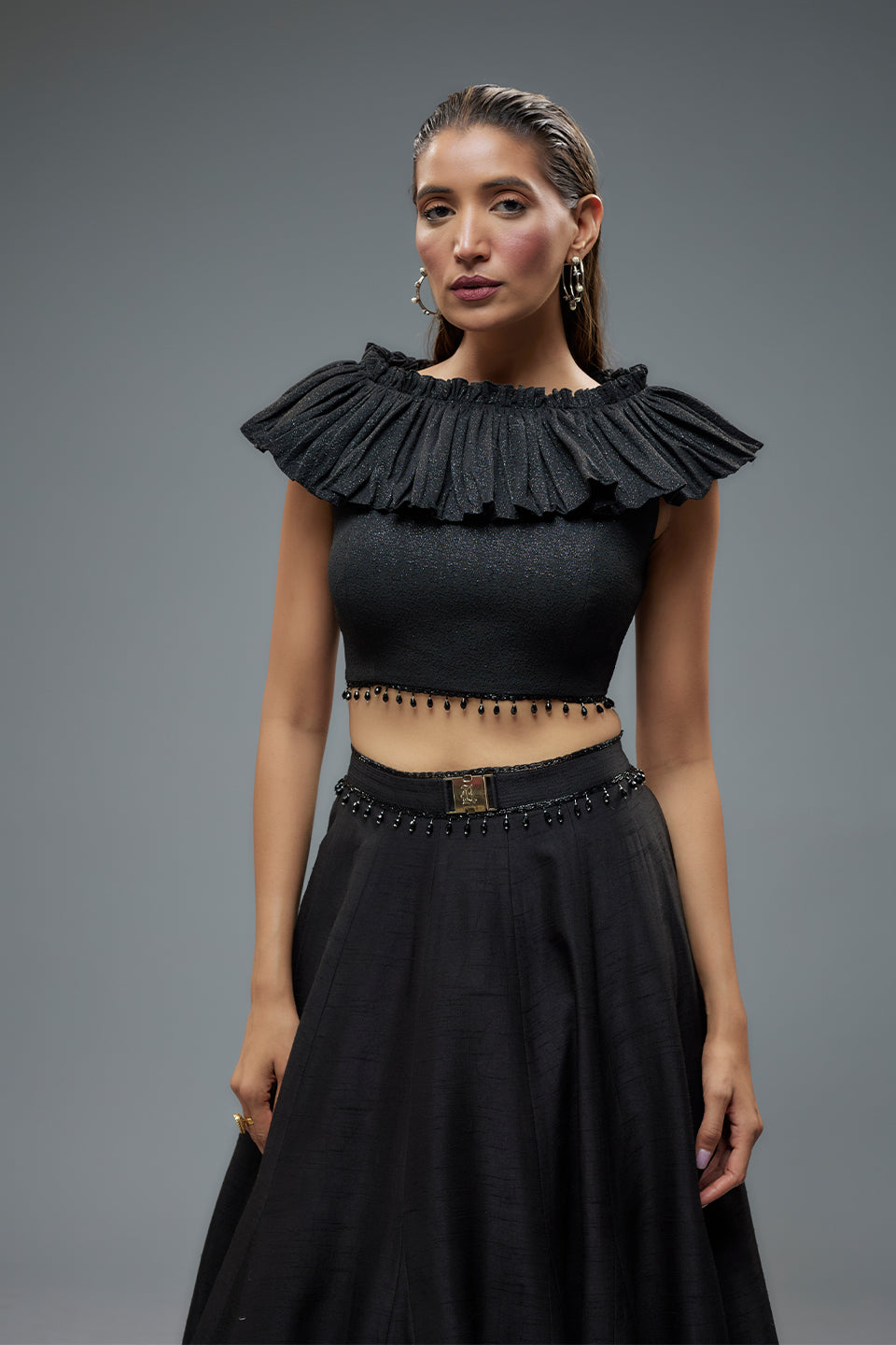 Black Ruffle Blouse And Raw Silk Lehenga Set