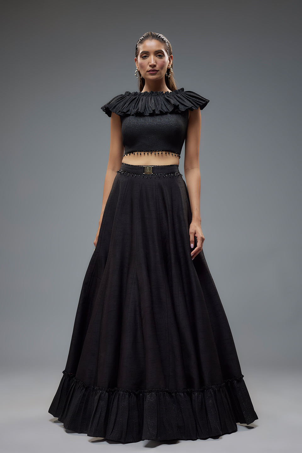 Black Ruffle Blouse And Raw Silk Lehenga Set