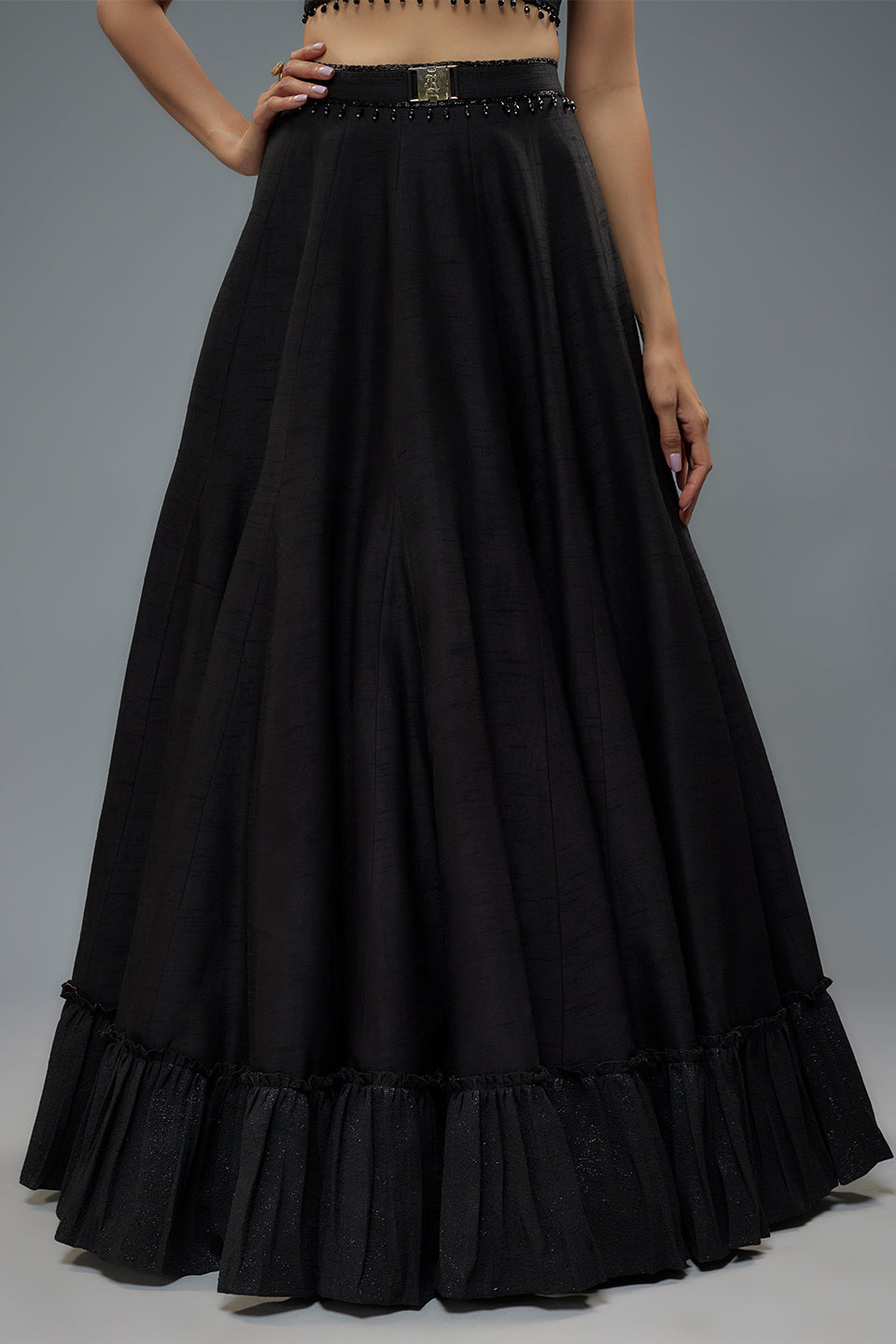 Black Ruffle Blouse And Raw Silk Lehenga Set