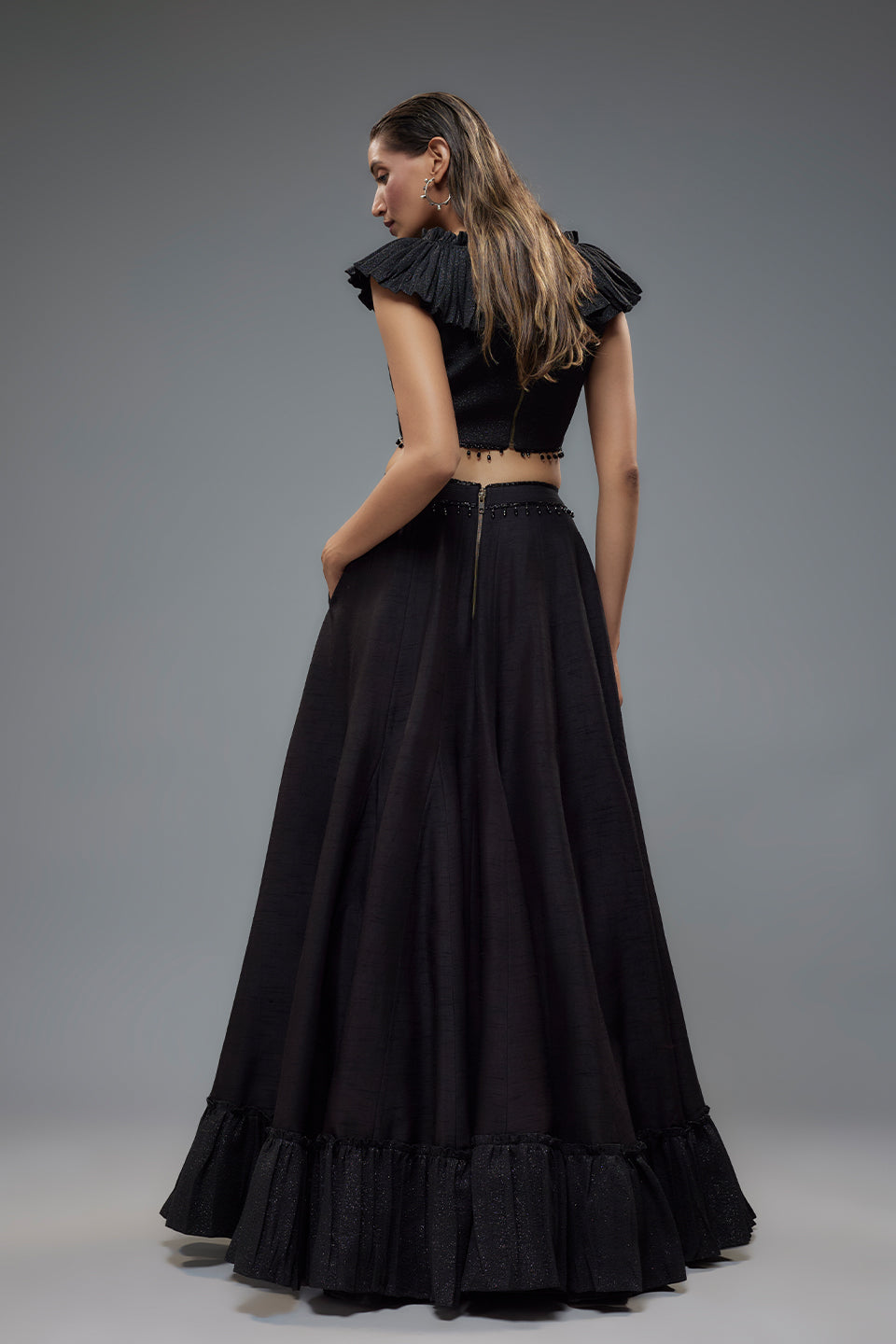 Black Ruffle Blouse And Raw Silk Lehenga Set