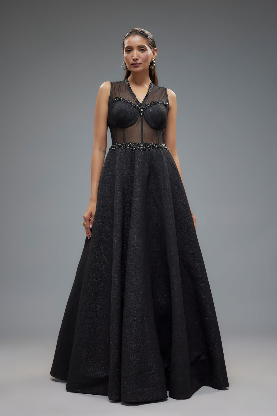 Black Poly Lurex And Net Patchwork Corset Gown