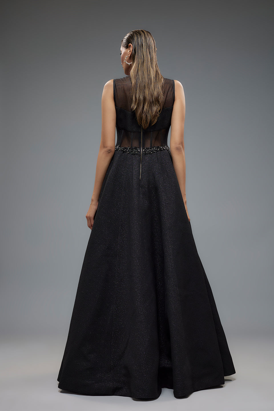 Black Poly Lurex And Net Patchwork Corset Gown