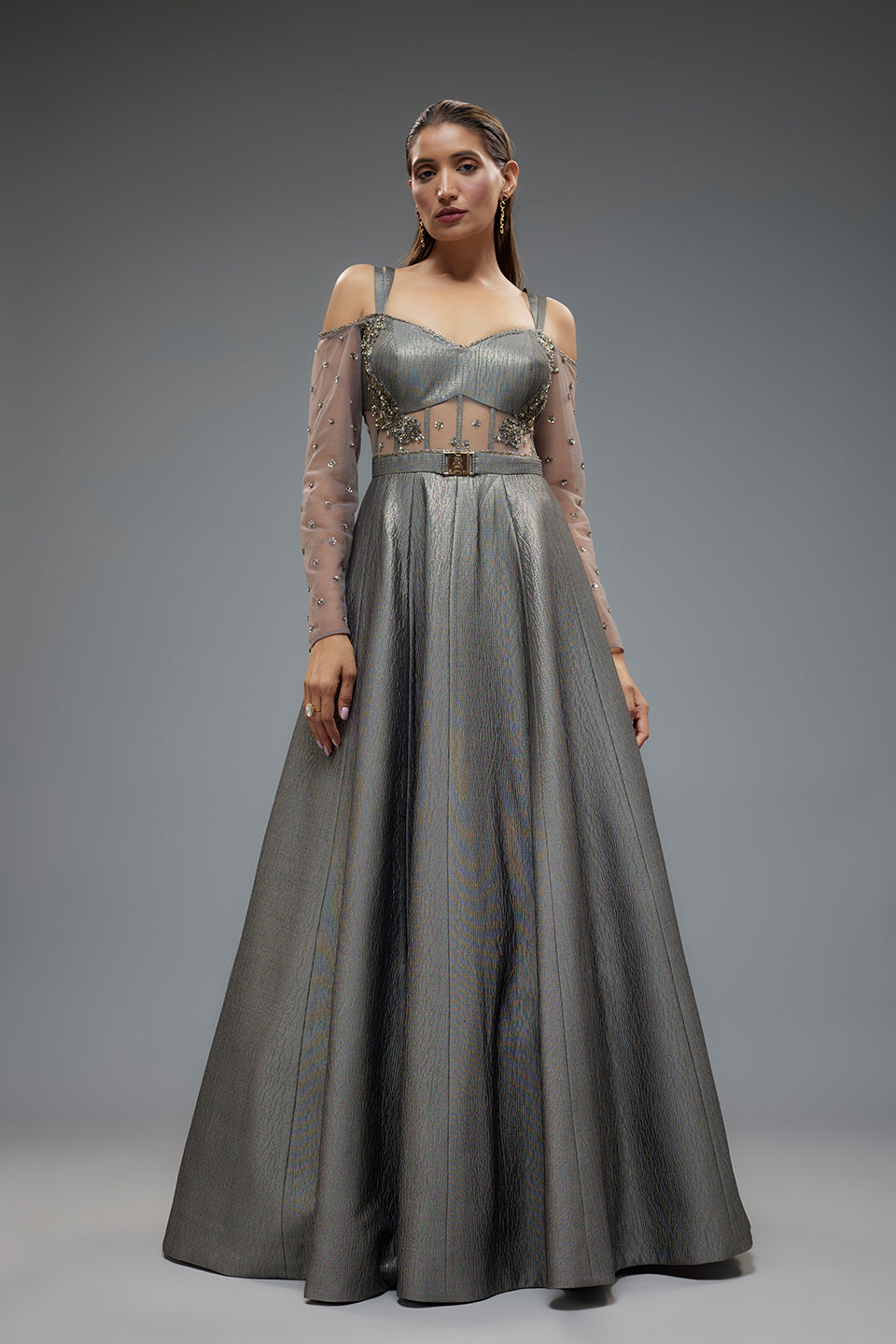 Grey polylurex and net pachwork gown