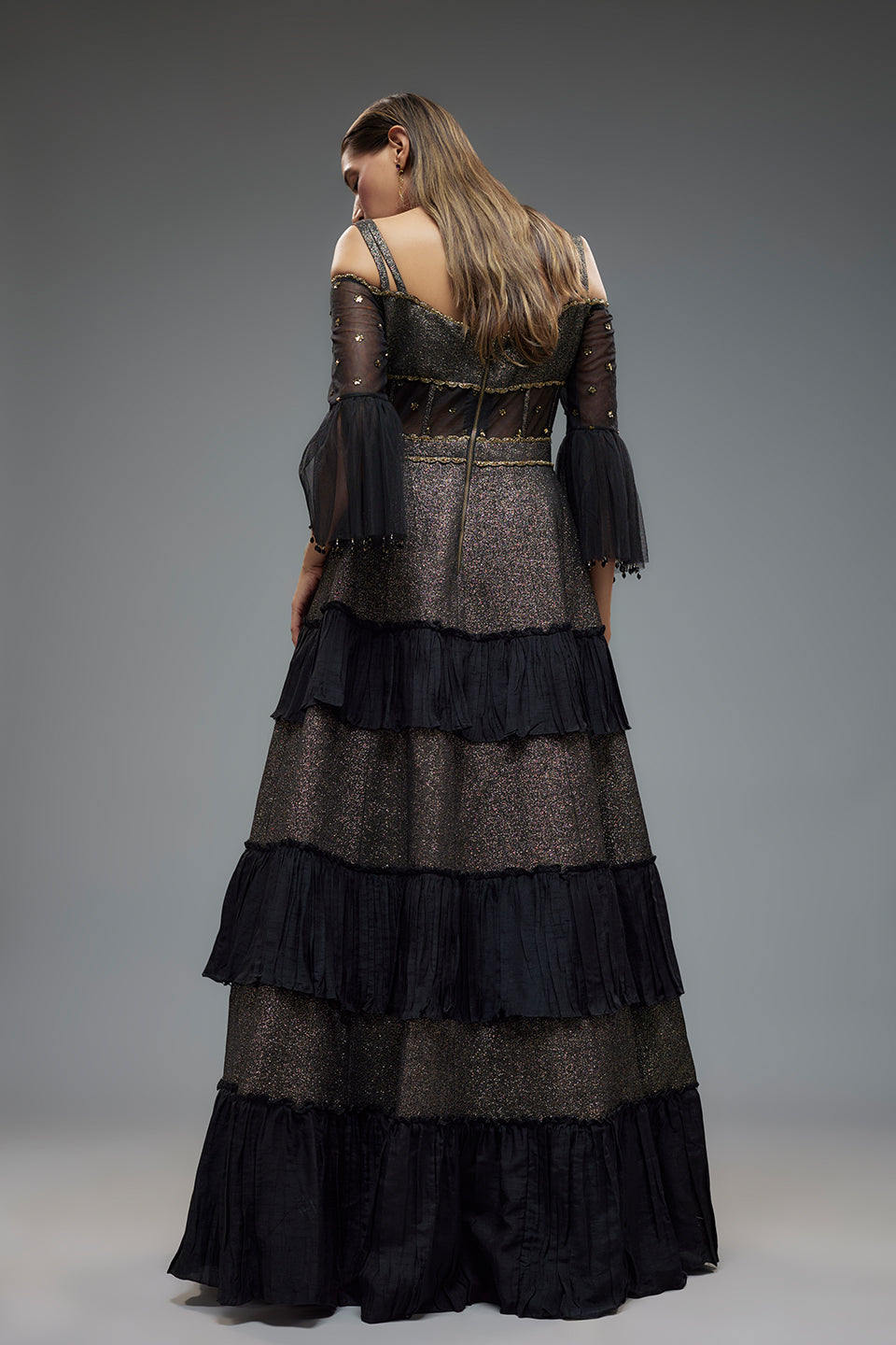 Black Poly Lurex And Net Frilled Gown