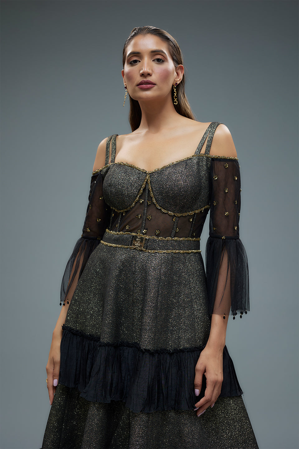 Black Poly Lurex And Net Frilled Gown