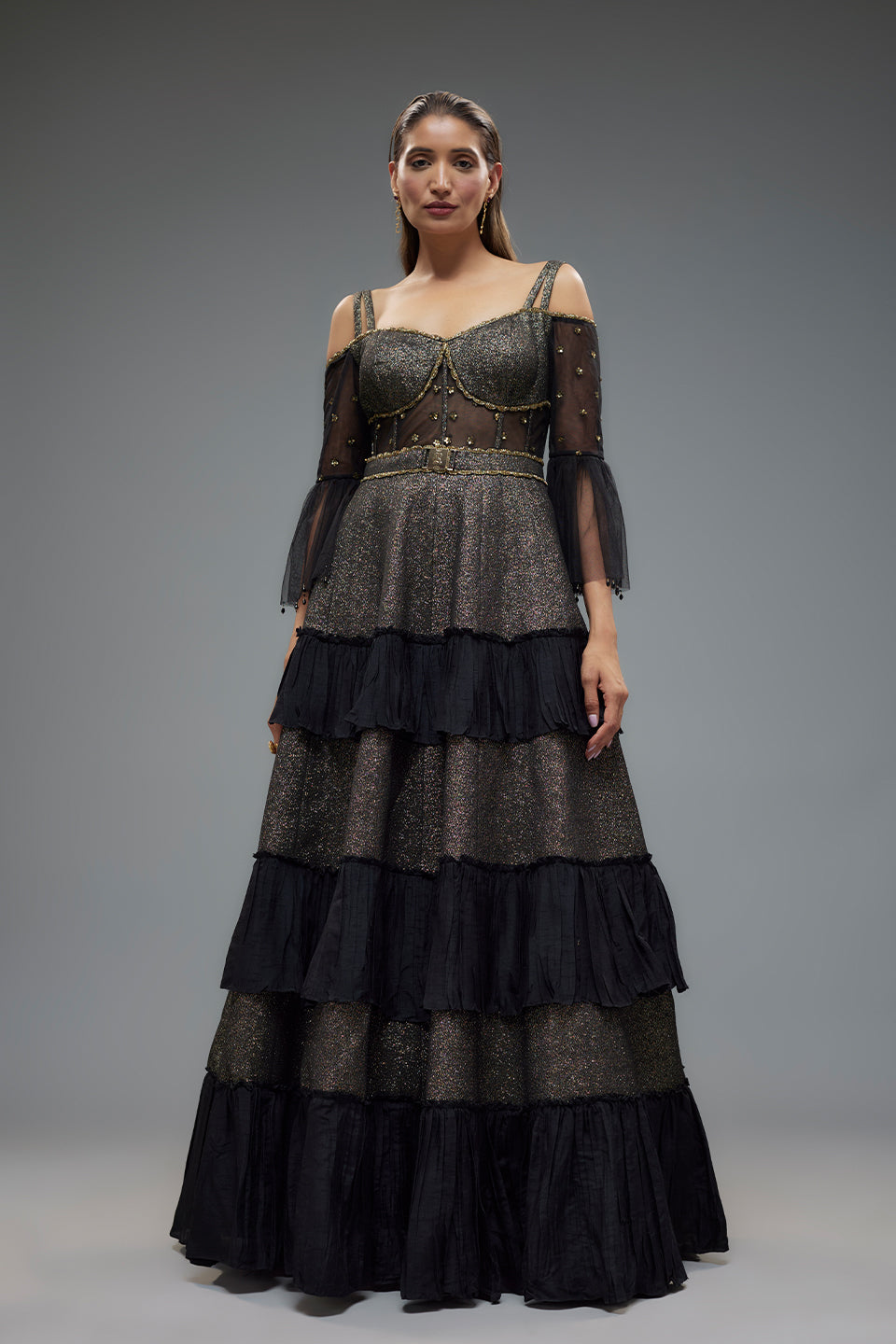 Black Poly Lurex And Net Frilled Gown