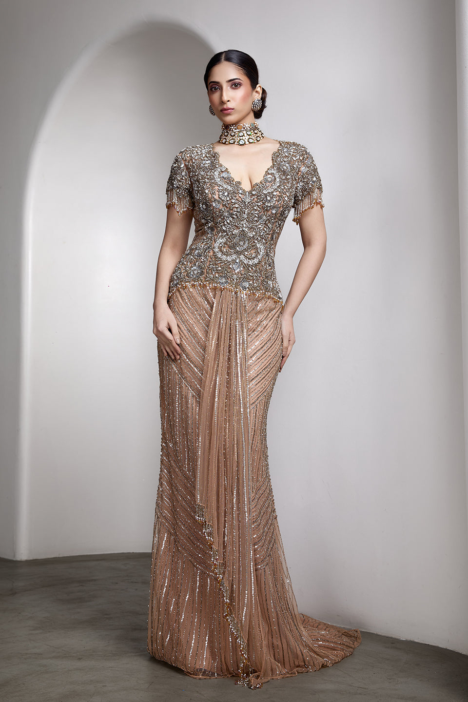V-neck Embroidered Gown