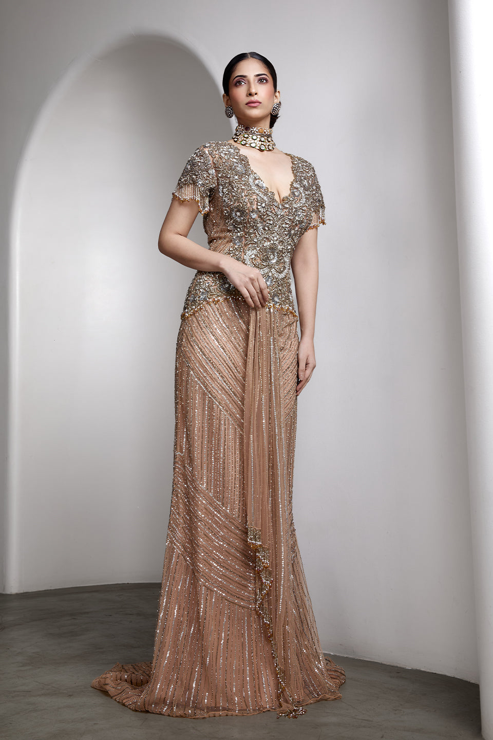 V-neck Embroidered Gown
