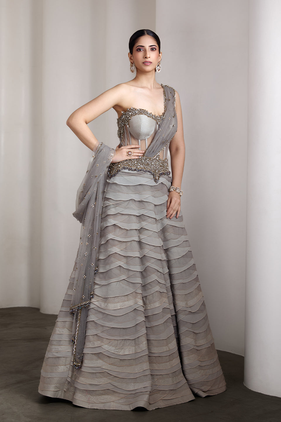 Grey ruffled gown