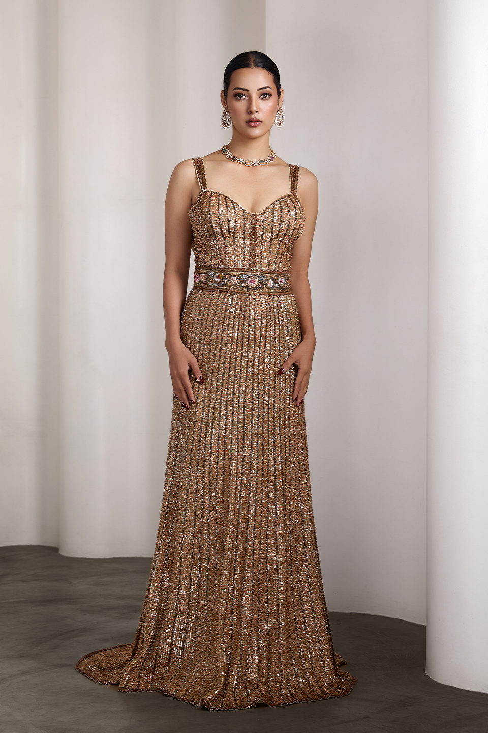 Gold sequin embroidered gown