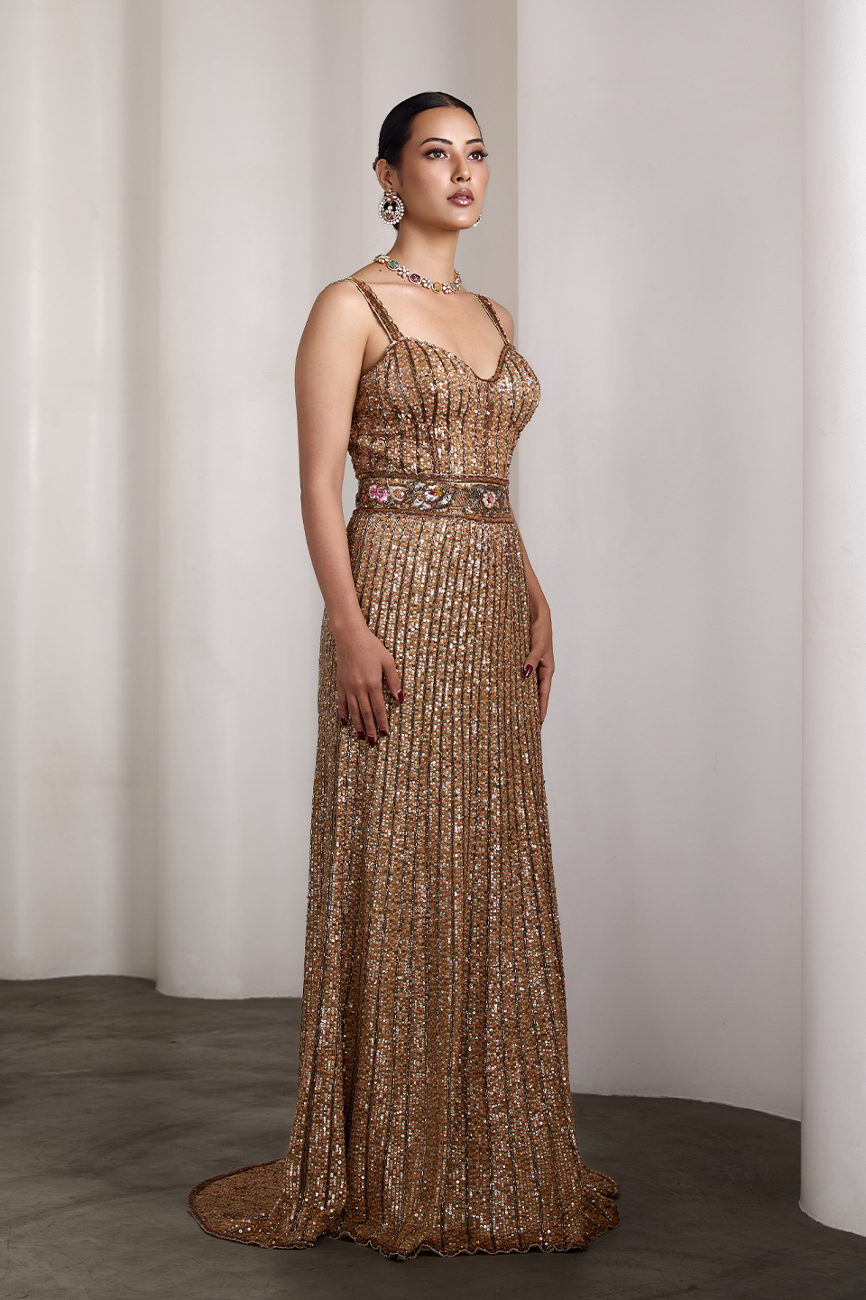 Gold sequin embroidered gown