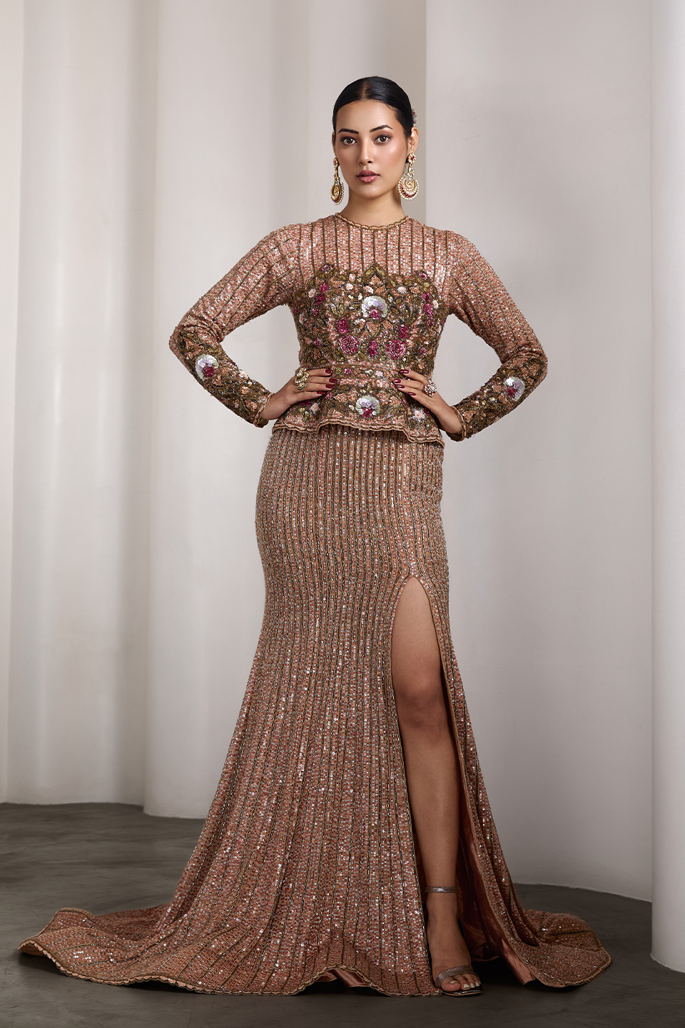 Peplum embroidered gown