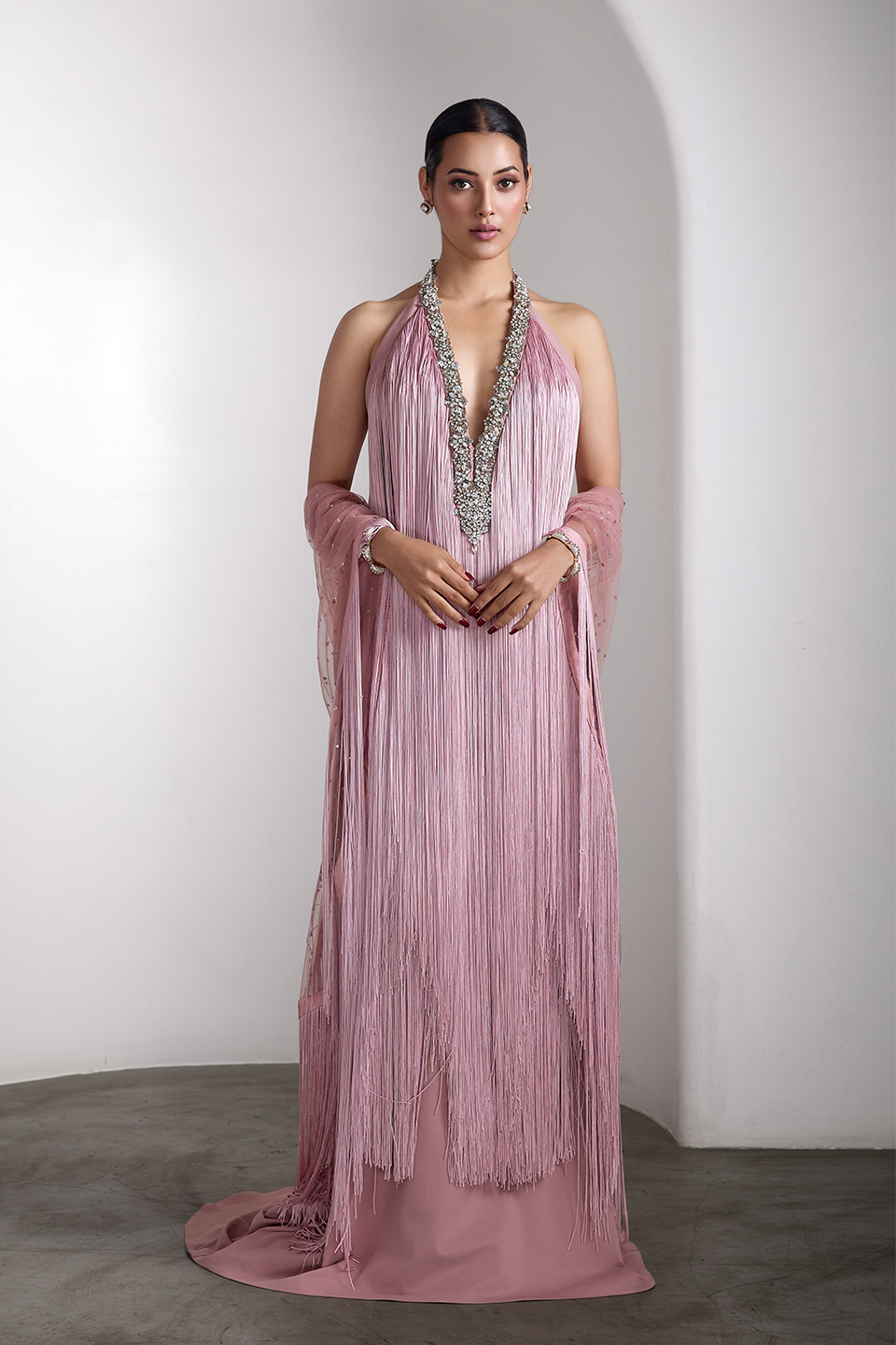 Pink fringe embellished gown