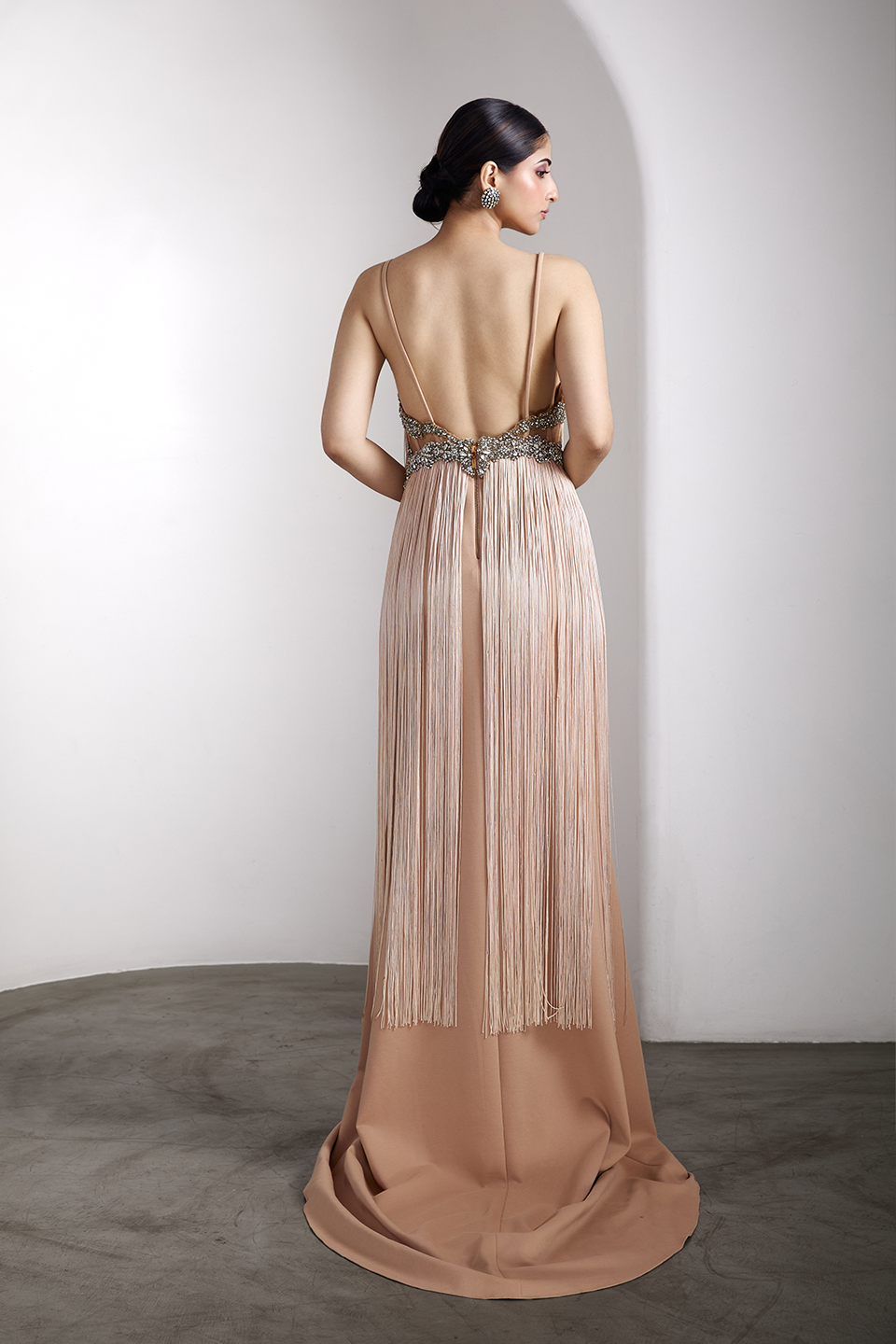 Nude fringe embellished gown