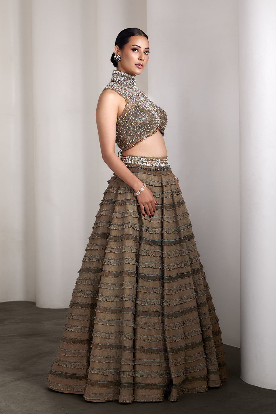 Olive ruffle lehenga set