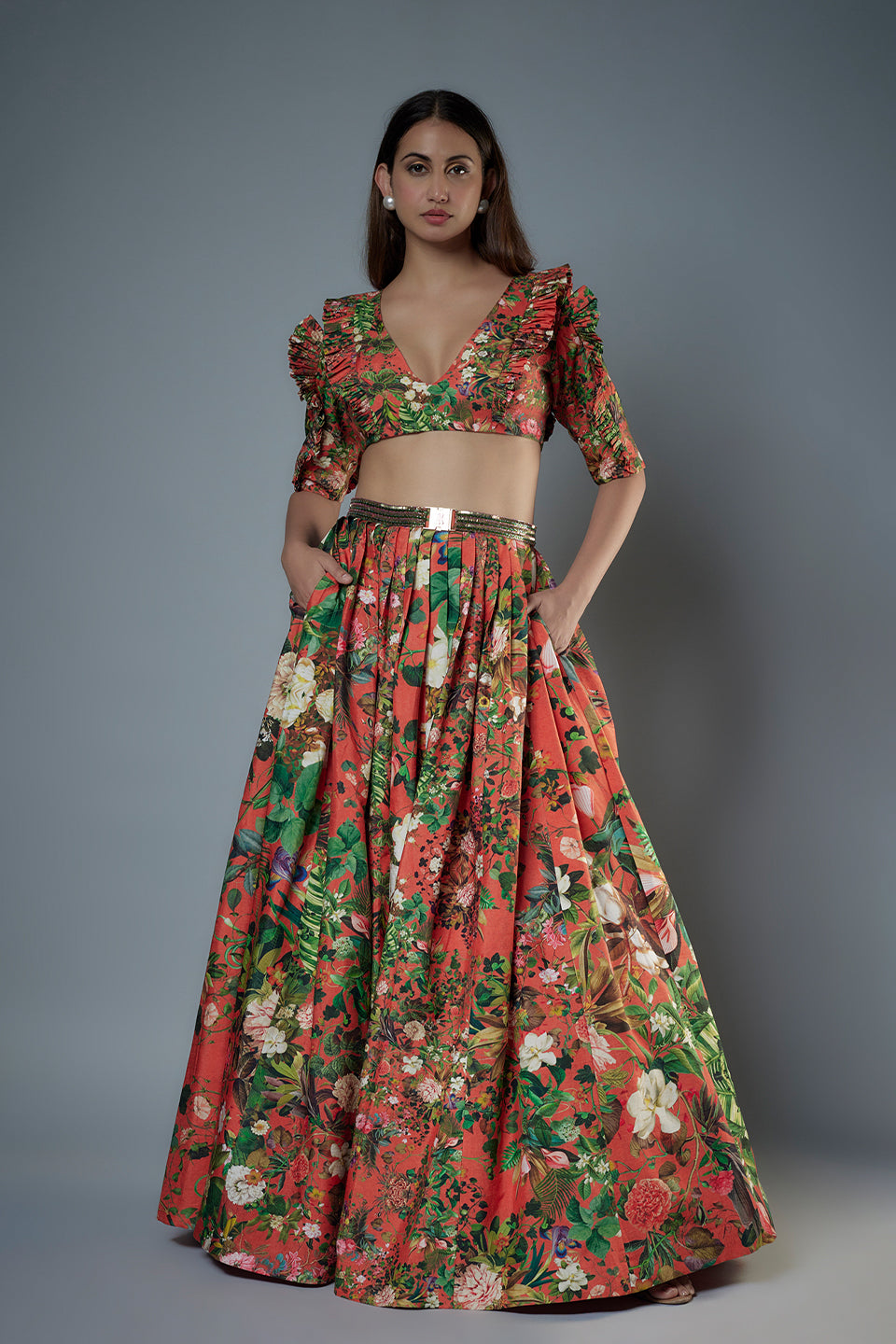 Botanical printed Ruffle Blouse & Lehenga