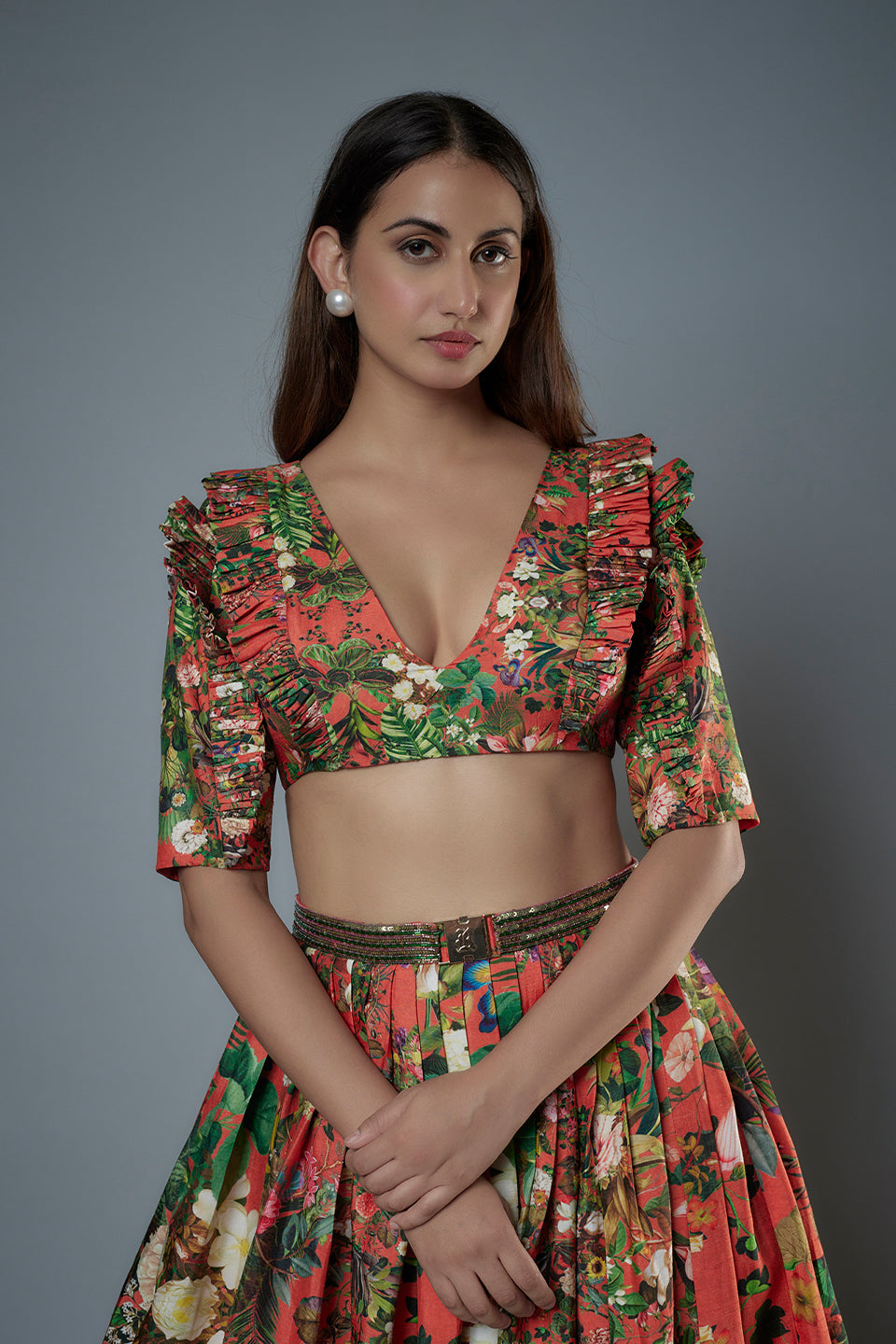 Botanical printed Ruffle Blouse & Lehenga