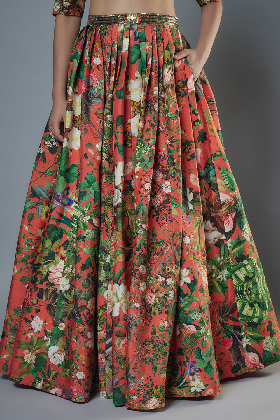 Botanical printed Ruffle Blouse & Lehenga